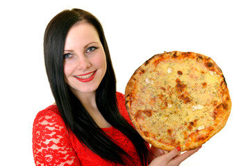 Young happy woman eating pizza, isolated on white