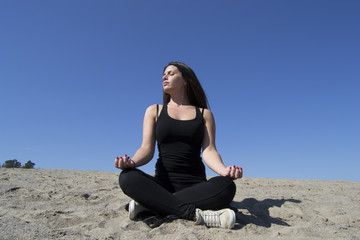 Fototapeta na wymiar Woman - yoga - beach - meditation - healthy lifestyle & wellness