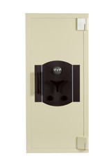 Locked closed grey safe on white