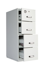 Locked closed grey safe on white