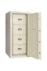 Locked closed grey safe on white