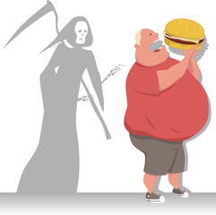 Grim Reaper tags an overweight man eating a hamburger