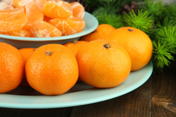 Ripe tangerines in bowl with fir branch close up