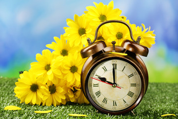 Alarm clock on green grass, on nature background