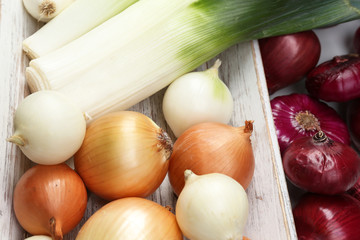 Different raw onion, close up