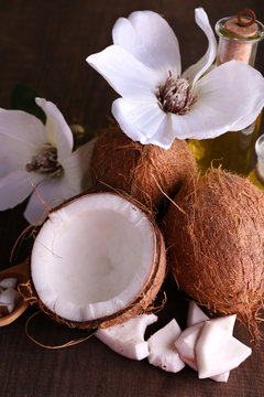 Coconuts on wooden table