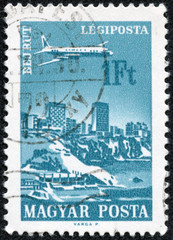 stamp printed in Hungary shows Plane over Beirut