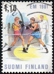 stamp printed by Finland, shows Boxing Match