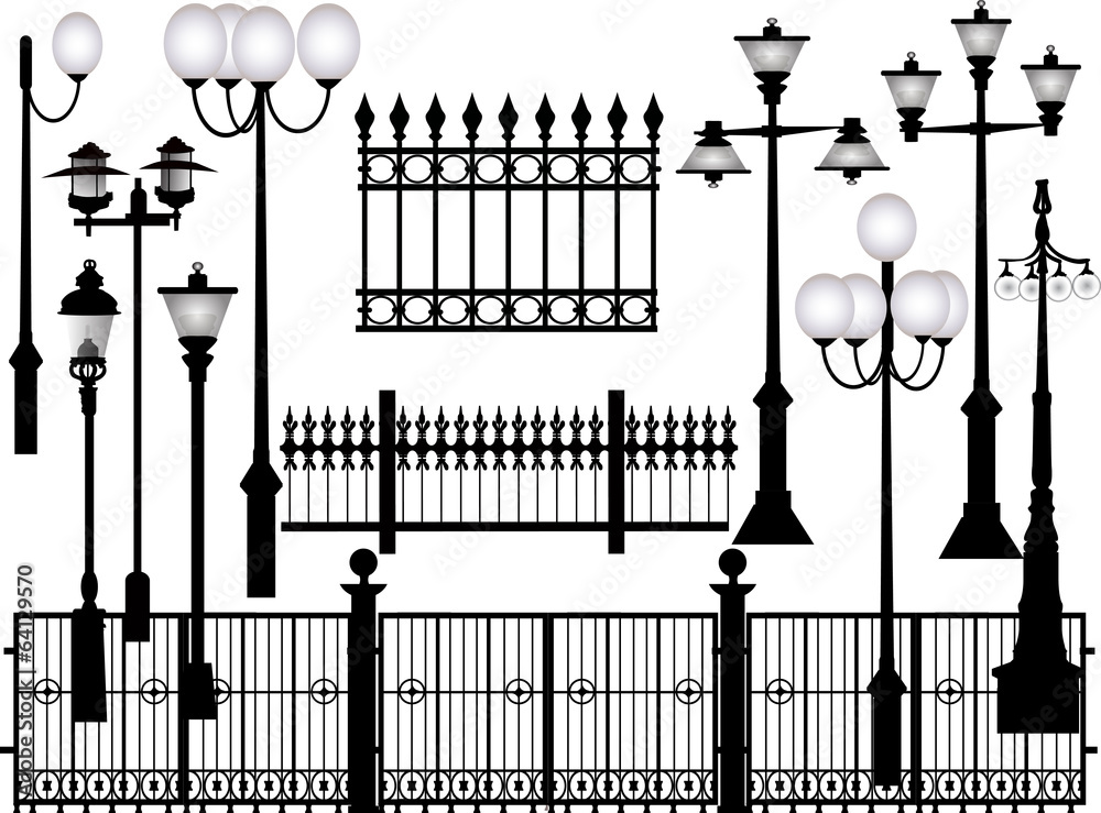 Sticker street lamps and fences collection isolated on white