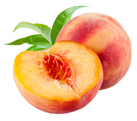 Peach and a half with leaves isolated on white