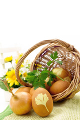 Wicker basket with colored eggs isolated on white