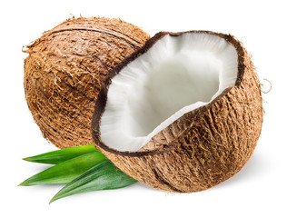 Coconut with leaf on white background - obrazy, fototapety, plakaty