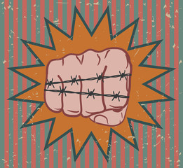 Clenched fist wrapped in barbed chain.