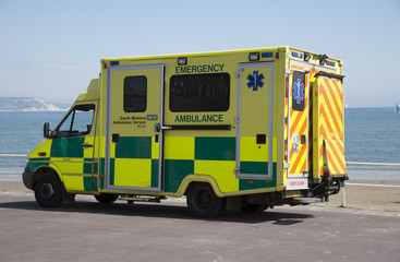 Emergency ambulance on standby at the seafront
