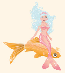 Little mermaid girl and golden fish, vector illustration
