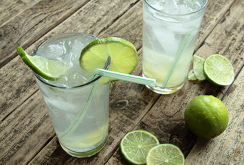 Cold drink with fresh lime and ice