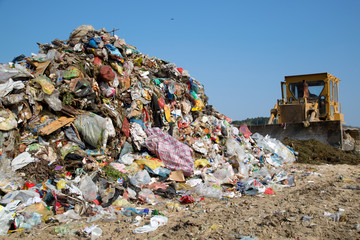 The old bulldozer moving garbage in a landfill - obrazy, fototapety, plakaty
