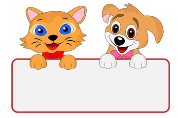 merry dog and cat hold a clean banner