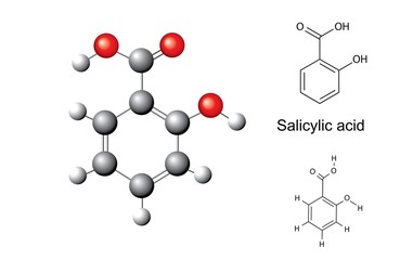 Structural chemical formulas and model of salicylic acid