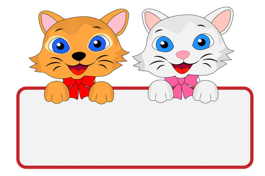 two merry kittens hold a clean banner