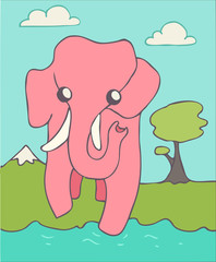 cartoon pink elephant, vector illustration, hand drawn