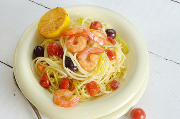 Seafood spaghetti pasta dish with shrimps