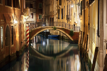 Venice bridge and canal at night
