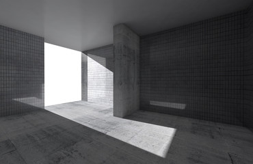 Abstract empty room interior with concrete floor and tile on wal