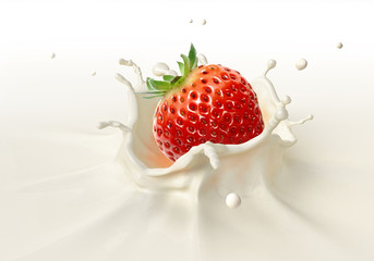 Strawberry falling into milk splashing.
