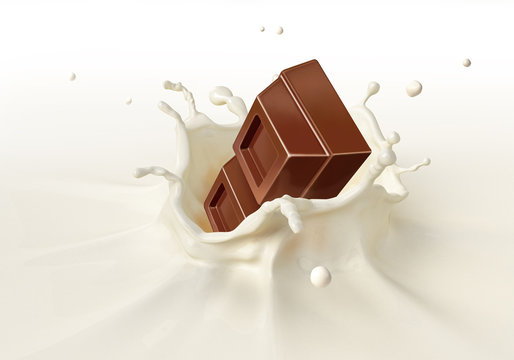 Chocolate block falling into milk splashing.