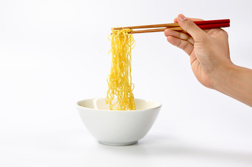 noodle with pinch chopsticks isolated in white background