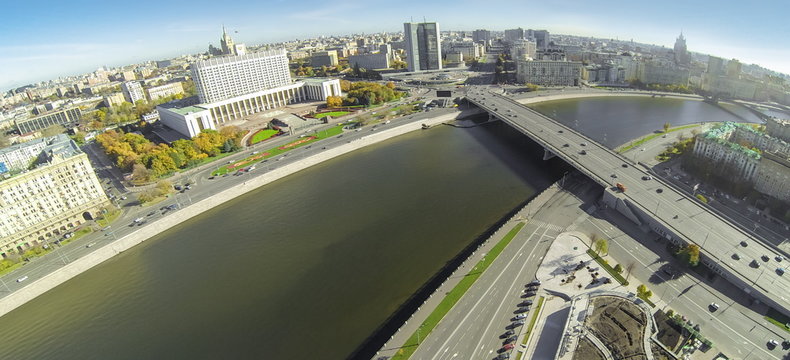Cityscape with Bridge with car traffic (unmanned drone view)