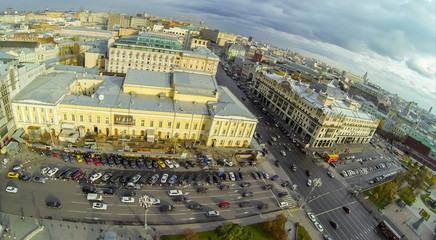 View from unmanned quadrocopter to city panorama