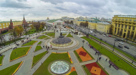 View from quadrocopter to Fountain on underground shopping mall