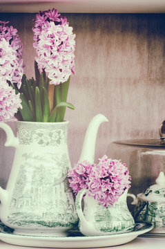 Retro setting with pink hyacinths