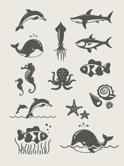 Ocean and sea fishes.Set of simple icons Eps8 vector