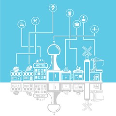 social network city skyline in blue background