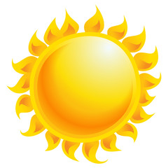 Yellow cartoon vector sun shining isolated in white background