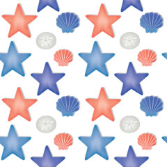 Sea shells and starfish seamless pattern