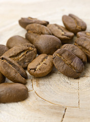 Coffee beans on wood background