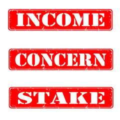 Income, concern, stake grunge stamps, vector illustration