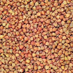 Raw buckwheat groats background, dry cereal seeds large detailed