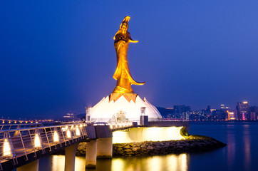 Statue of Kun Iam in the evening, landmark of Macau.
