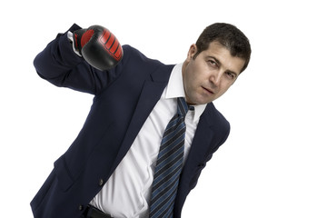 Aggressive Businessman with boxing gloves, isolated on white