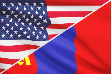 Series of ruffled flags. USA and Mongolia.