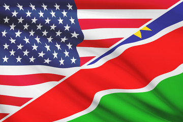 Series of ruffled flags. USA and Republic of Namibia.