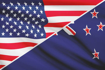 Series of ruffled flags. USA and New Zealand.