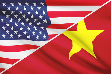 Series of ruffled flags. USA and Socialist Republic of Vietnam.