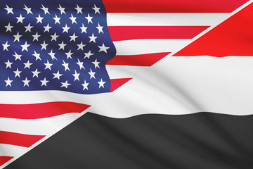 Series of ruffled flags. USA and Republic of Yemen.