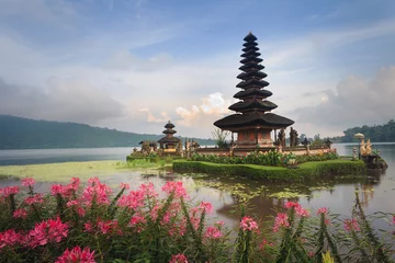 Foto op Plexiglas Ulun Danu-tempel met roze bloemen, Bali, Indonesië © honzahruby